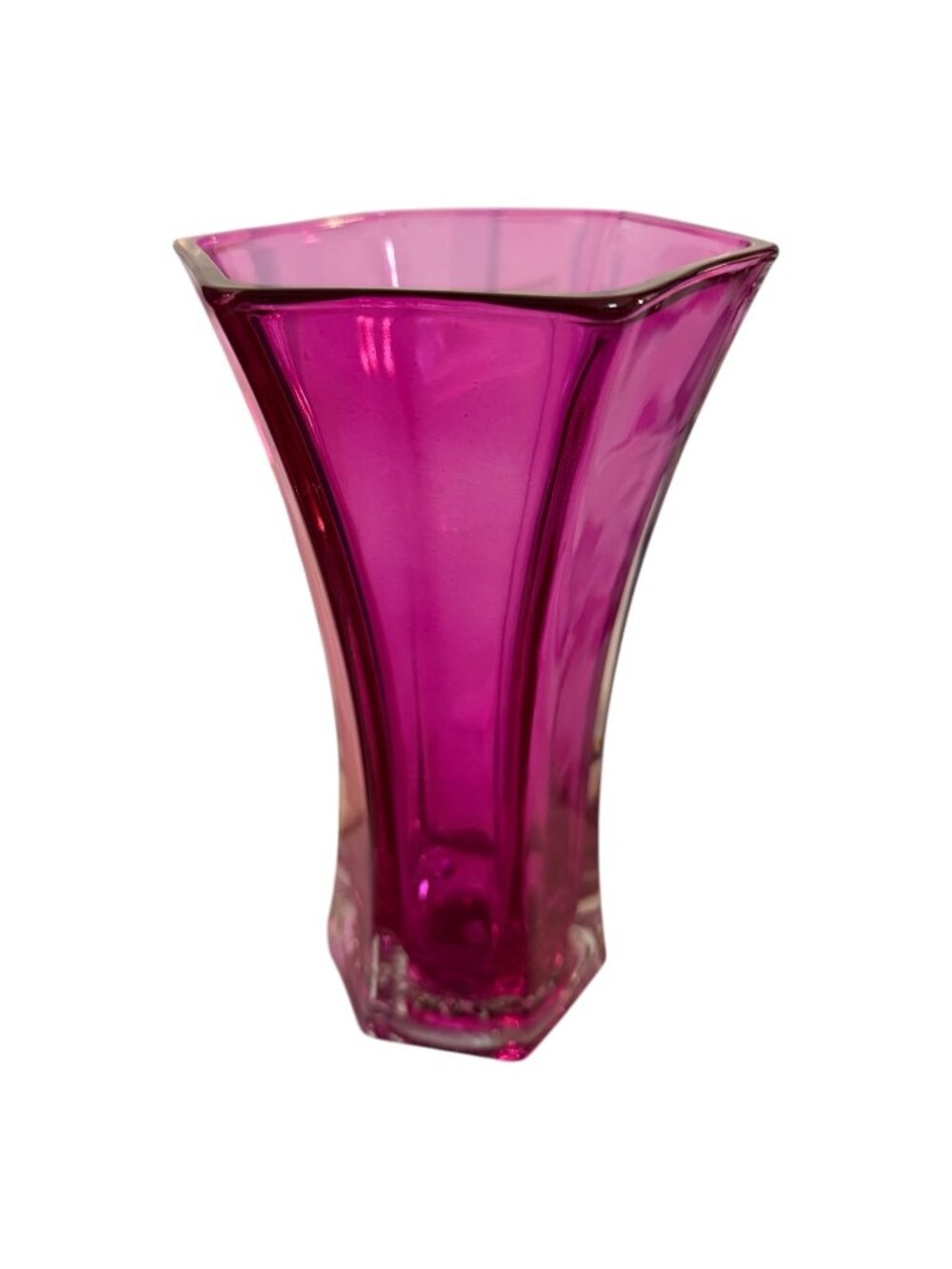 Hoosier Glass Pink Magenta Hexagonal Flared Vase Vintage 9 Inch